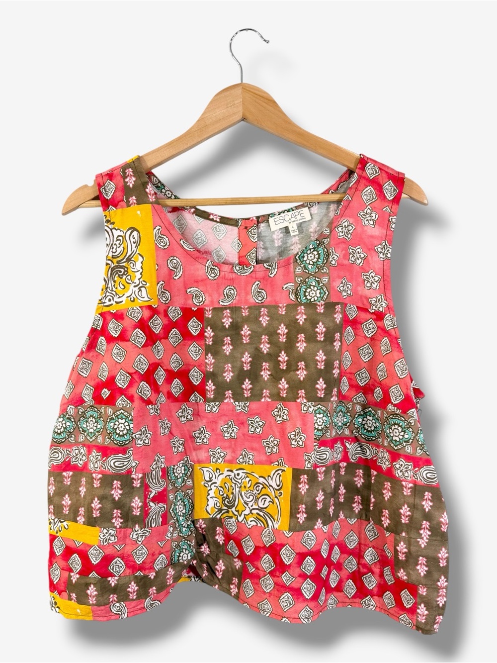 Escape by Habitat Paisley Tank Top Size L Button Back Patchwork Twist Front